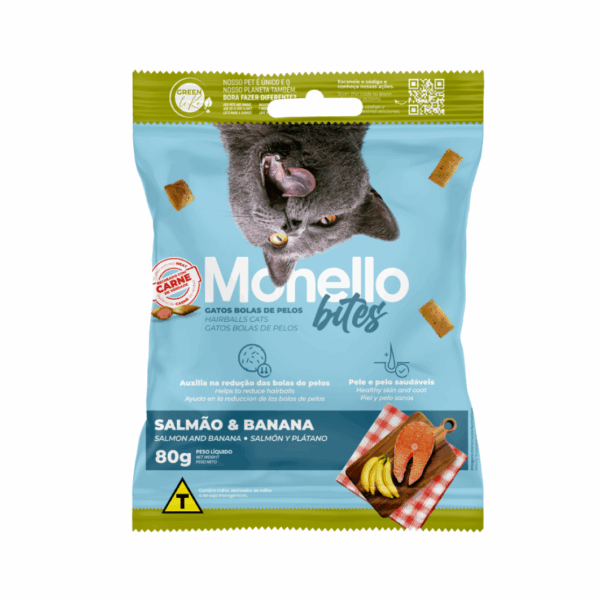 Petisco Monello Bites Gato Adulto Bola de Pelo Salmão e Banana 80g