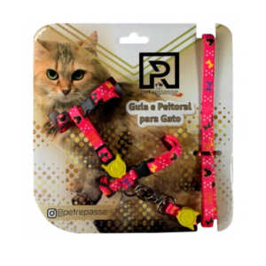 Conjunto Peitoral e Guia Nylon Luxo para Gata - P