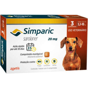 Antipulgas e Carrapatos Simparic 20mg Para Cães 5,1 a 10Kg 3 Comprimidos - Zoetis