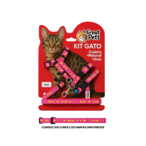 Kit Coleira, Peitoral e Guia Rosa Para Gatos - Great Pets